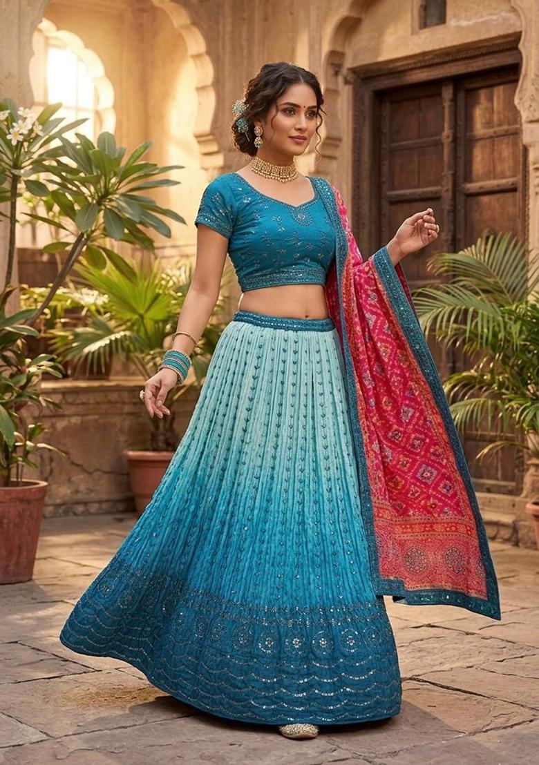 Sky Blue Embroidered Silk Lehenga Set - Indya