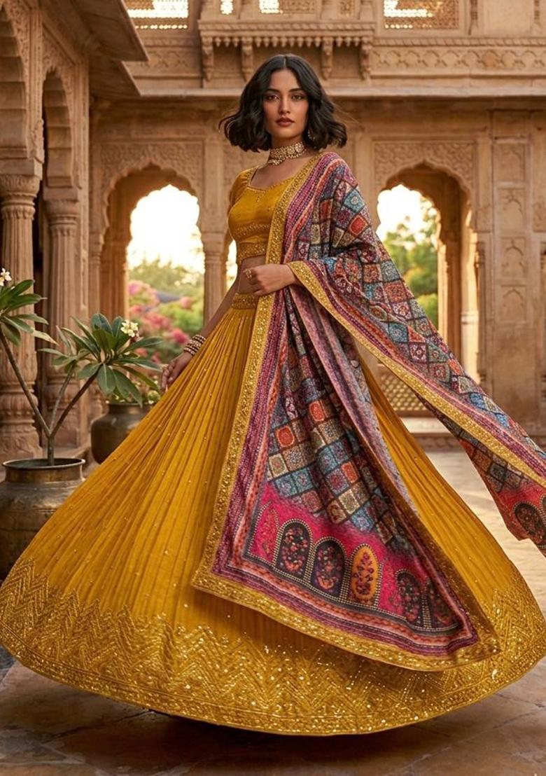 Yellow Embroidered Silk Lehenga Set - Indya