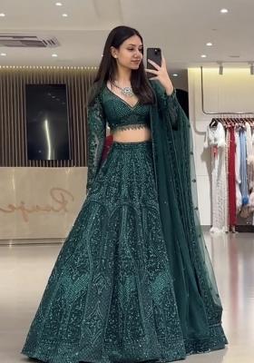 Green Embroidered Silk Lehenga Set