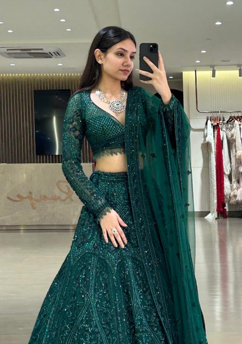 Green Embroidered Silk Lehenga Set - Indya