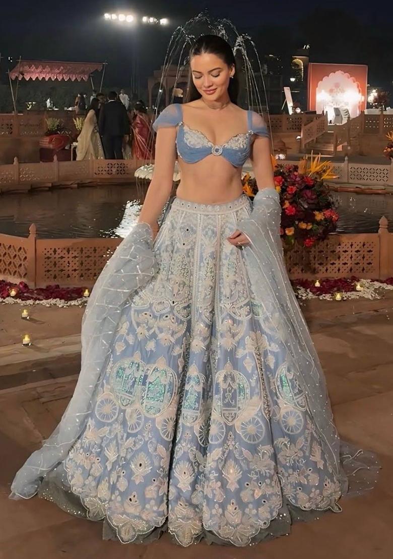 Sky Blue Embroidered Silk Lehenga Set - Indya
