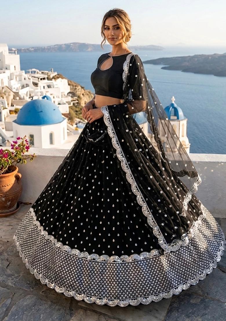 Black Embroidered Georgette Lehenga Set - Indya