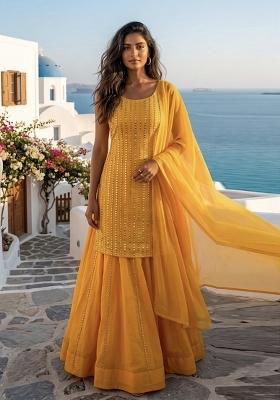 Yellow Embroidered Georgette Lehenga Set