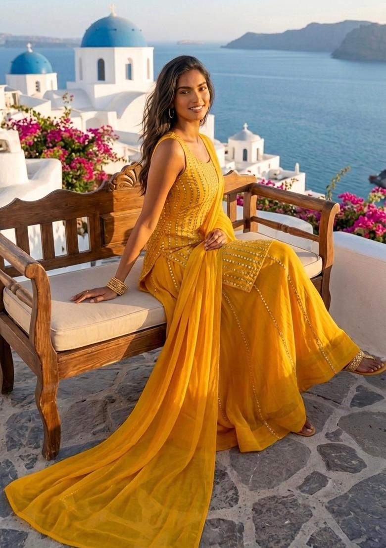 Yellow Embroidered Georgette Lehenga Set - Indya