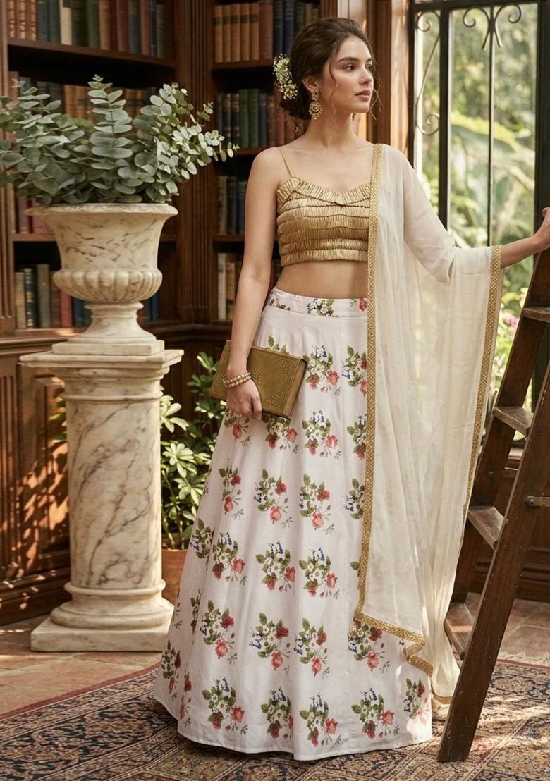 White Embroidered Silk Lehenga Set - Indya
