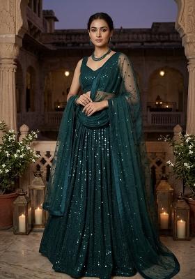 Green Embroidered Georgette Lehenga Set