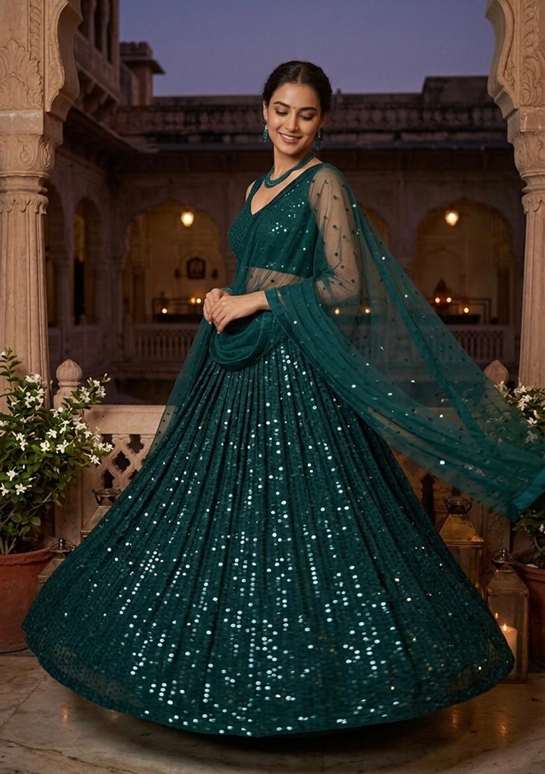Green Embroidered Georgette Lehenga Set - Indya