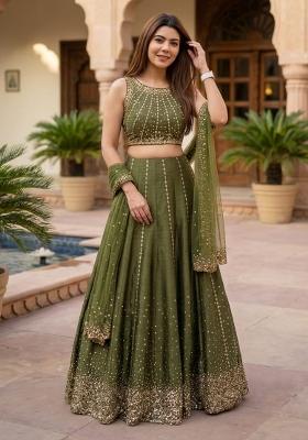 Mehendi Embroidered Silk Lehenga Set