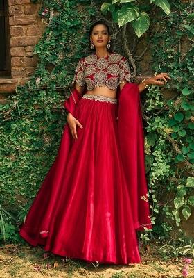 Red Embroidered Silk Lehenga Set