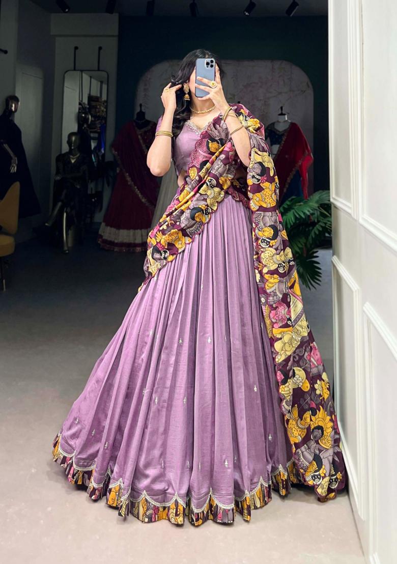Lavender Embroidered Silk Lehenga Set - Indya