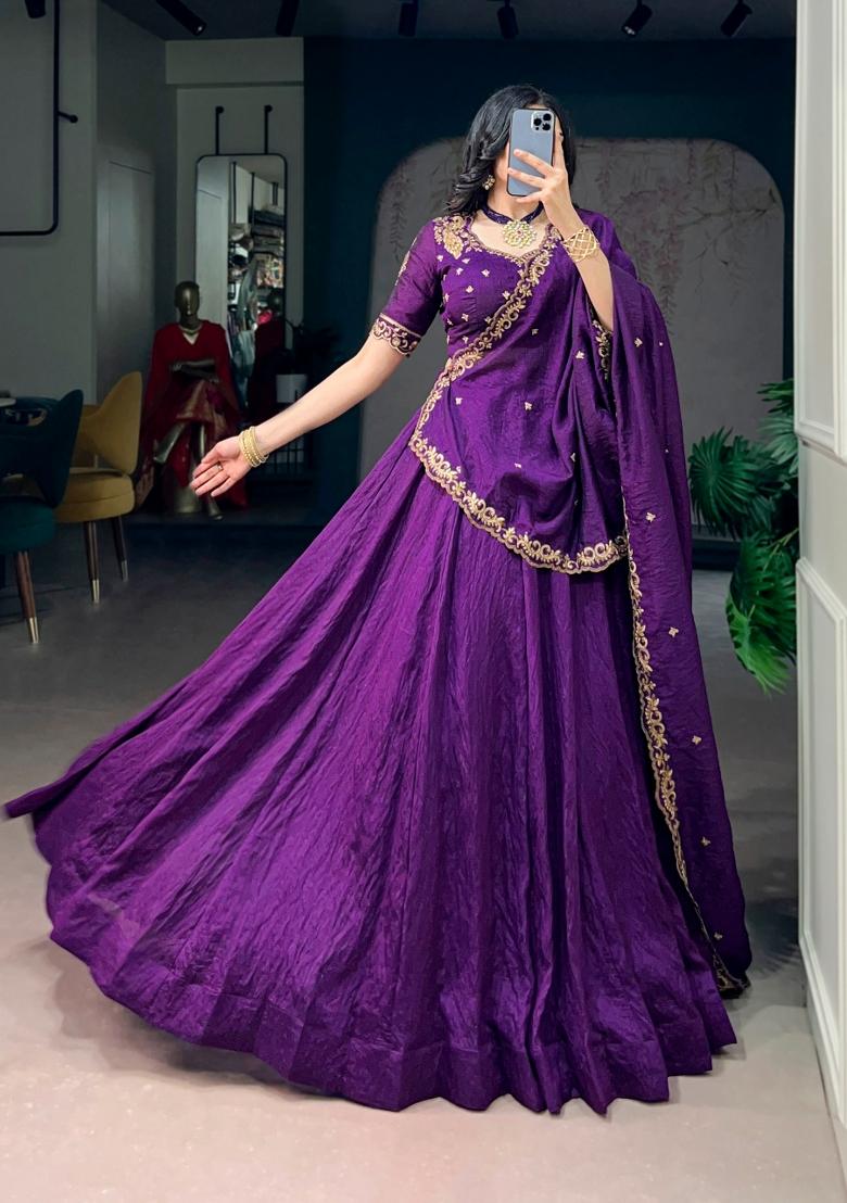 Purple Embroidered Silk Lehenga Set - Indya