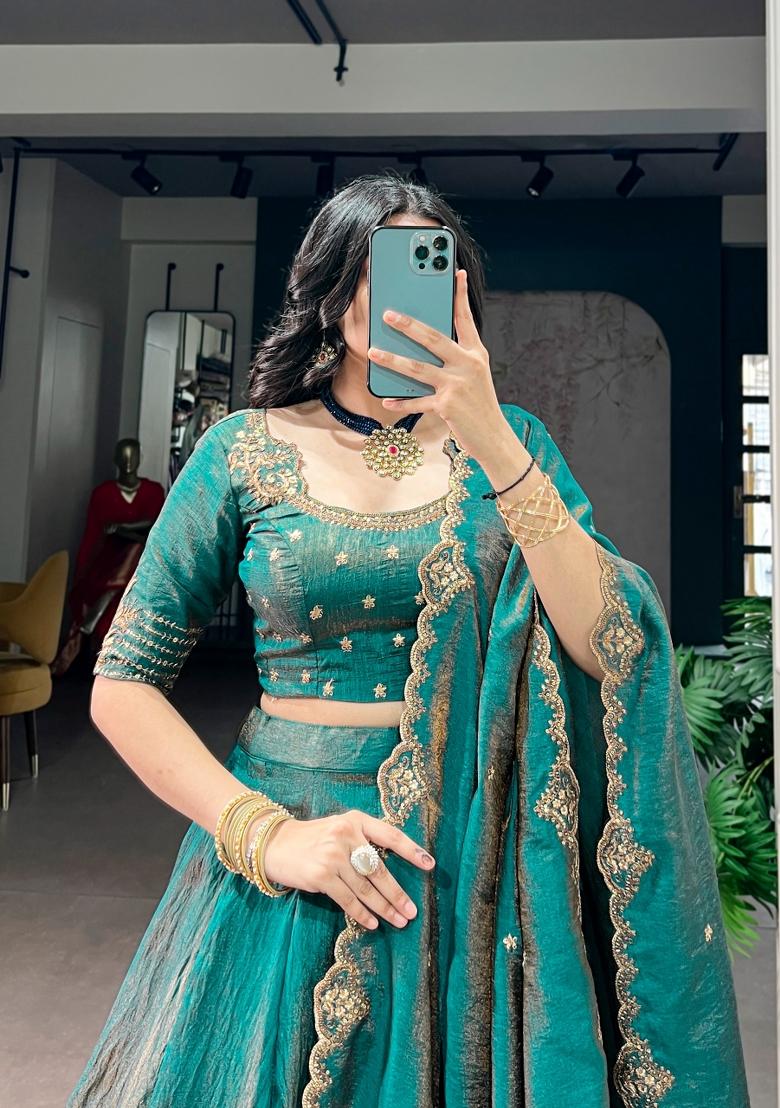 Blue Embroidered Silk Lehenga Set - Indya