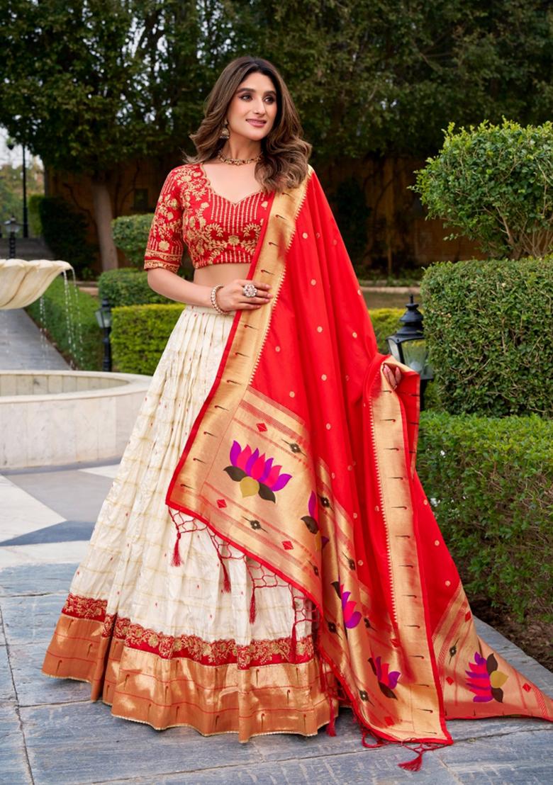 White Embroidered Silk Lehenga Set - Indya
