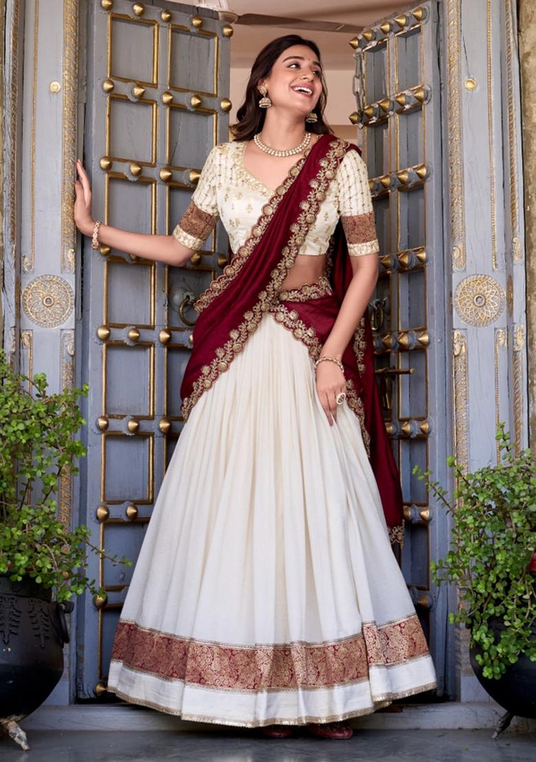 White Zari Work Silk Lehenga Set - Indya