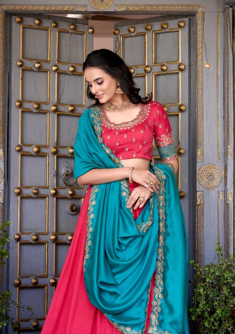 Pink Zari Work Silk Lehenga Set - Indya