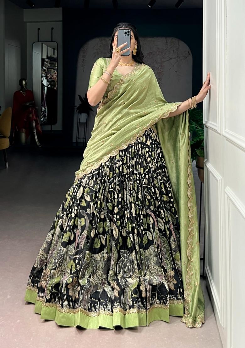 Black Printed Silk Lehenga Set - Indya