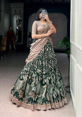 Green Printed Silk Lehenga Set