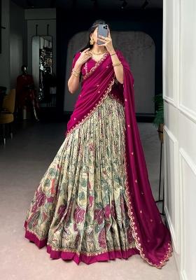 Cream Printed Silk Lehenga Set