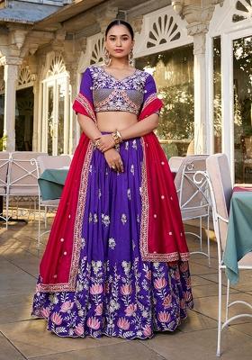 Purple Embroidered Silk Lehenga Set