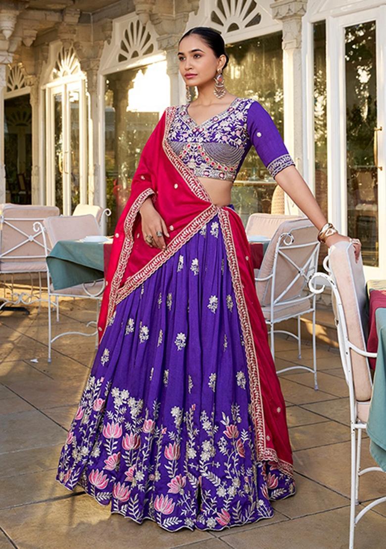 Purple Embroidered Silk Lehenga Set - Indya