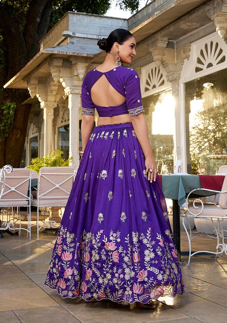 Purple Embroidered Silk Lehenga Set - Indya