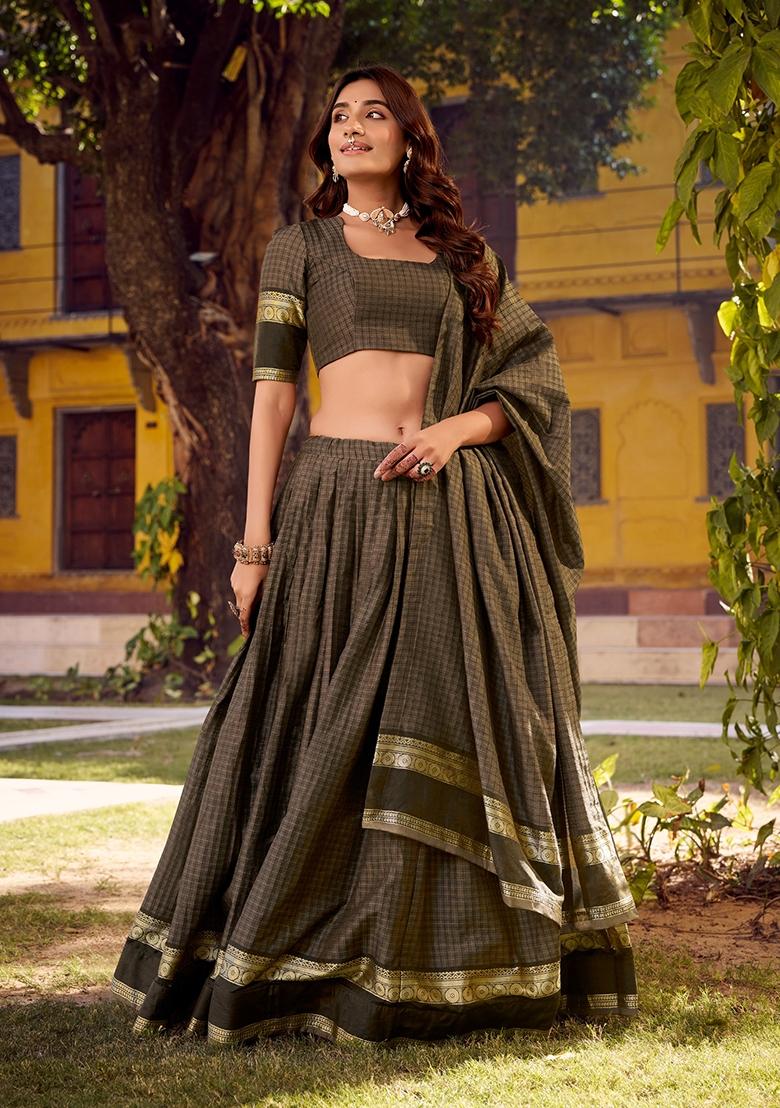 Grey Zari Work Cotton Lehenga Set - Indya