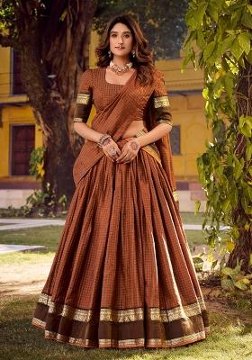 Orange Zari Work Cotton Lehenga Set