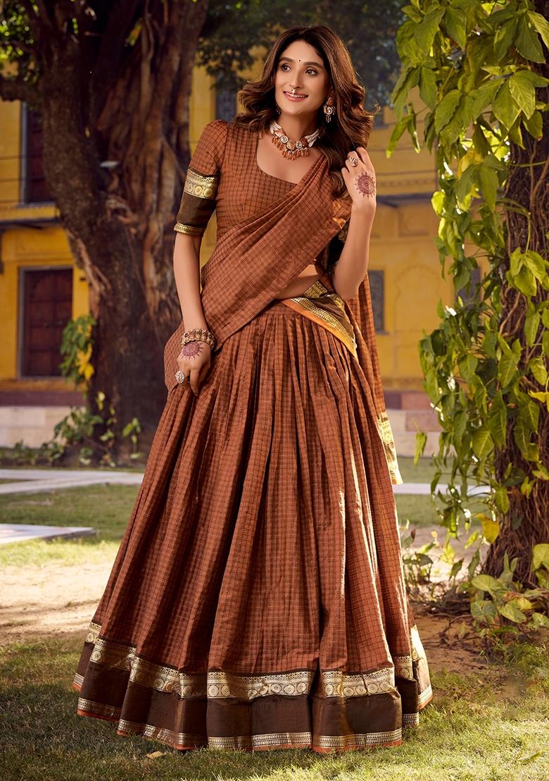 Orange Zari Work Cotton Lehenga Set - Indya