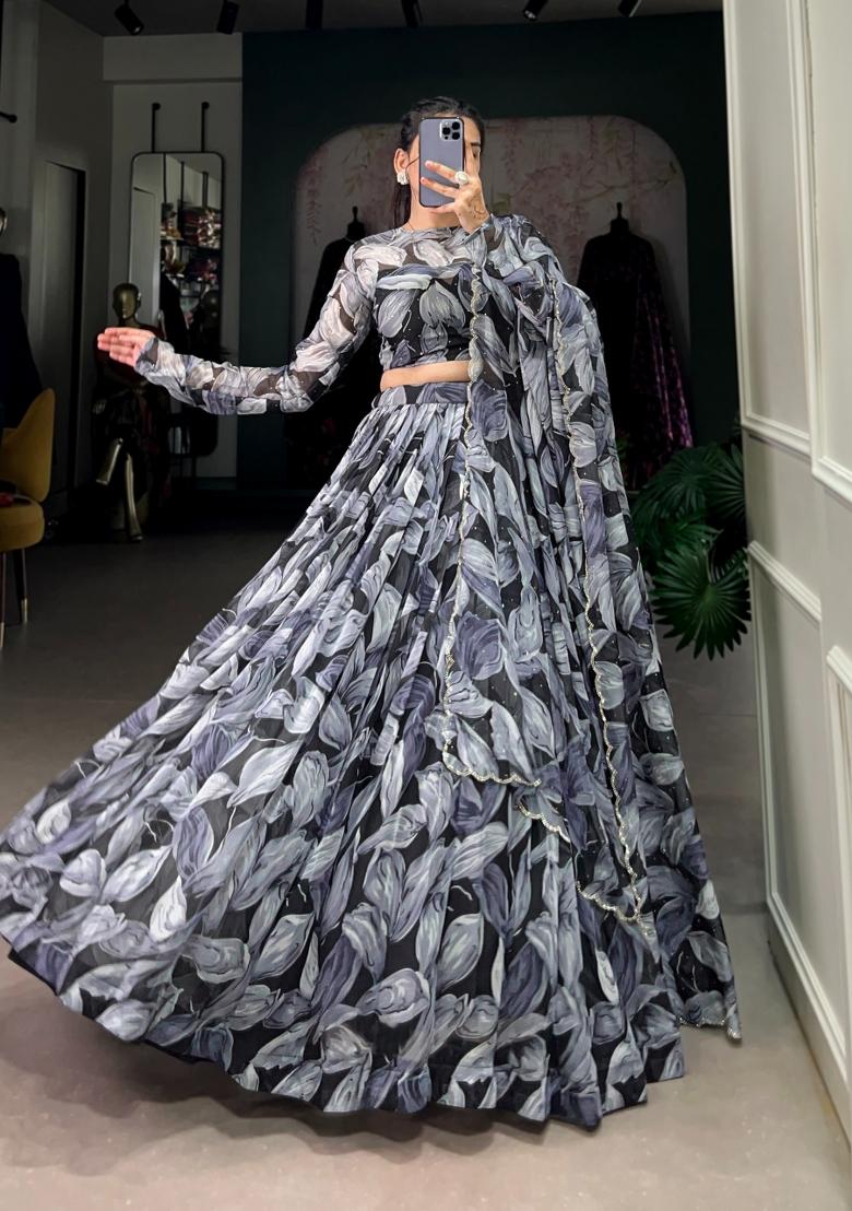Black Printed Silk Lehenga Set - Indya