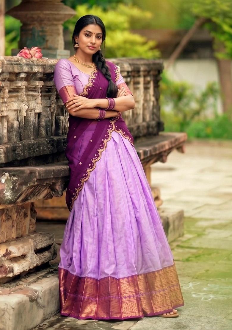 Lavender Zari Work Silk Lehenga Set - Indya