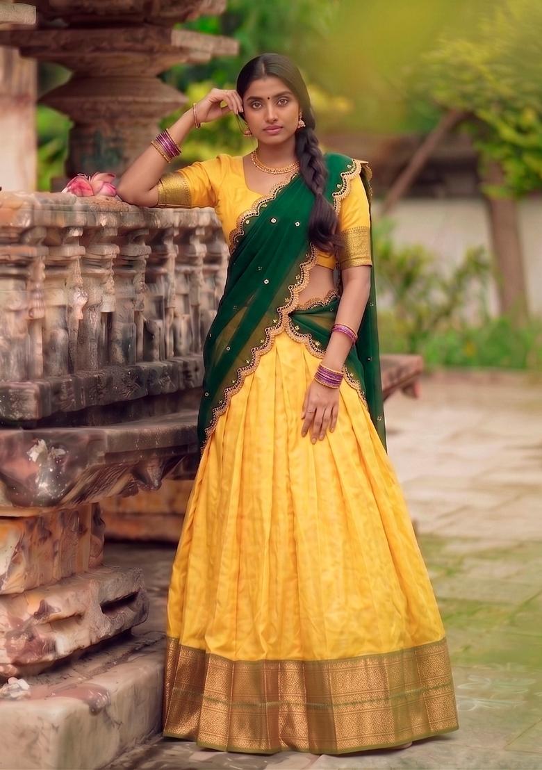 Yellow Zari Work Silk Lehenga Set - Indya