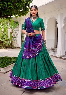Green Bandhej Silk Lehenga Set