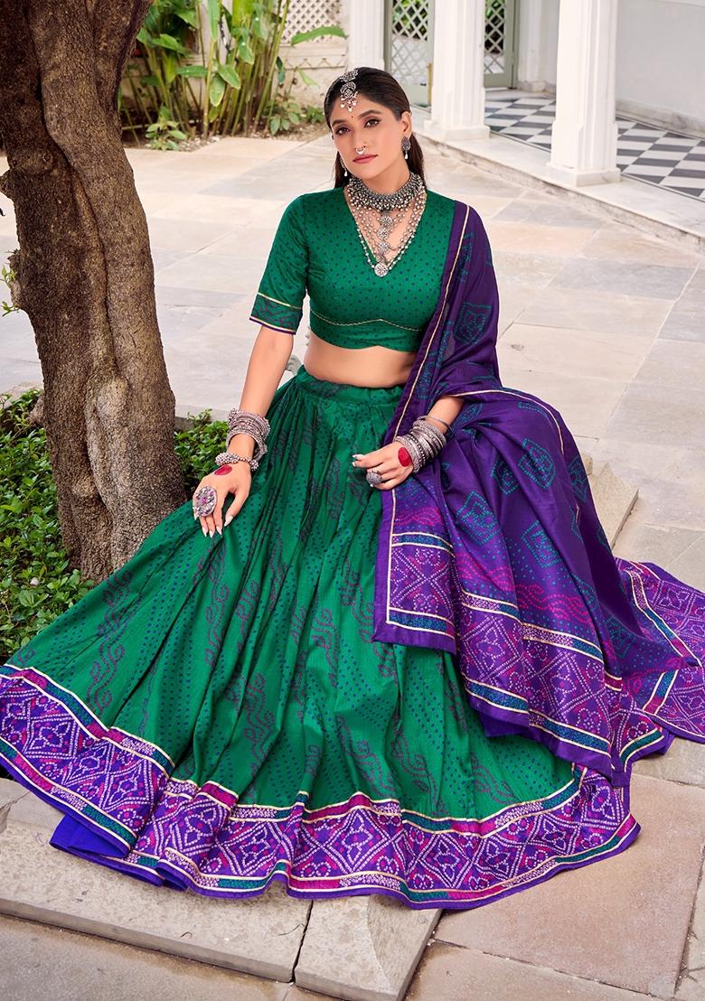 Green Bandhej Silk Lehenga Set - Indya