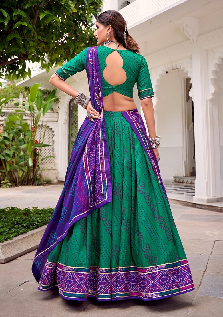 Green Bandhej Silk Lehenga Set - Indya