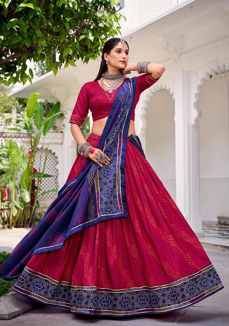 Pink Bandhej Silk Lehenga Set - Indya