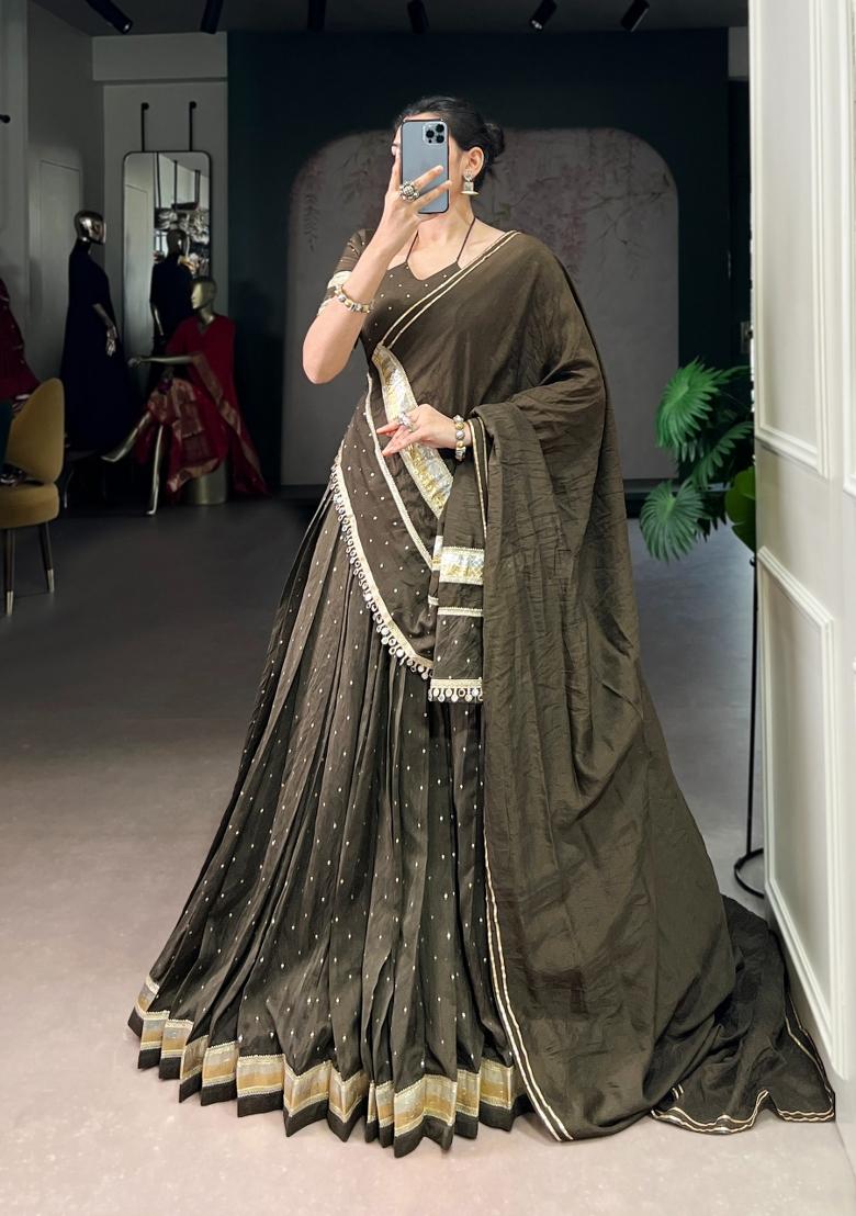 Charcoal Black Zari Work Chanderi Lehenga Set - Indya