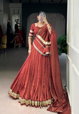 Rust Red Zari Work Chanderi Lehenga Set