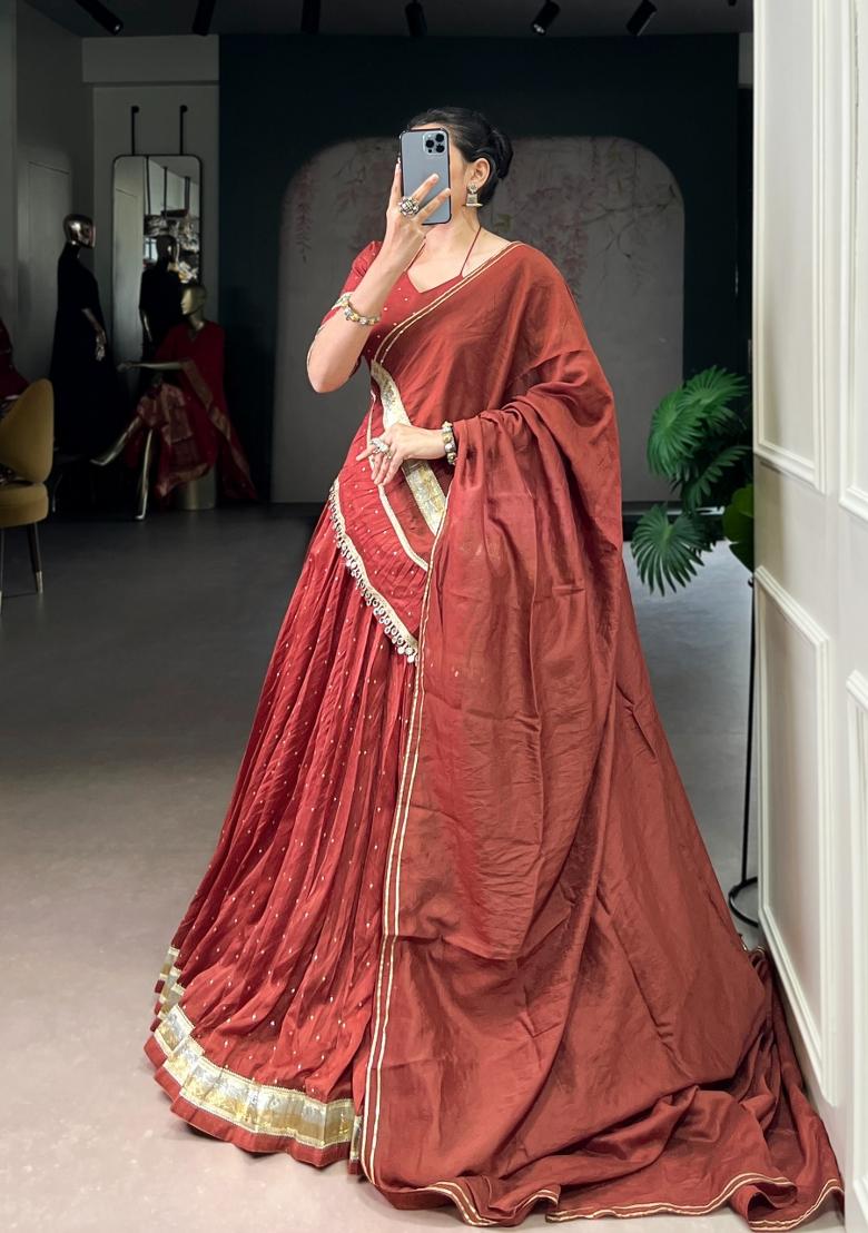 Rust Red Zari Work Chanderi Lehenga Set - Indya