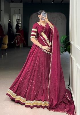 Wine Zari Work Chanderi Lehenga Set