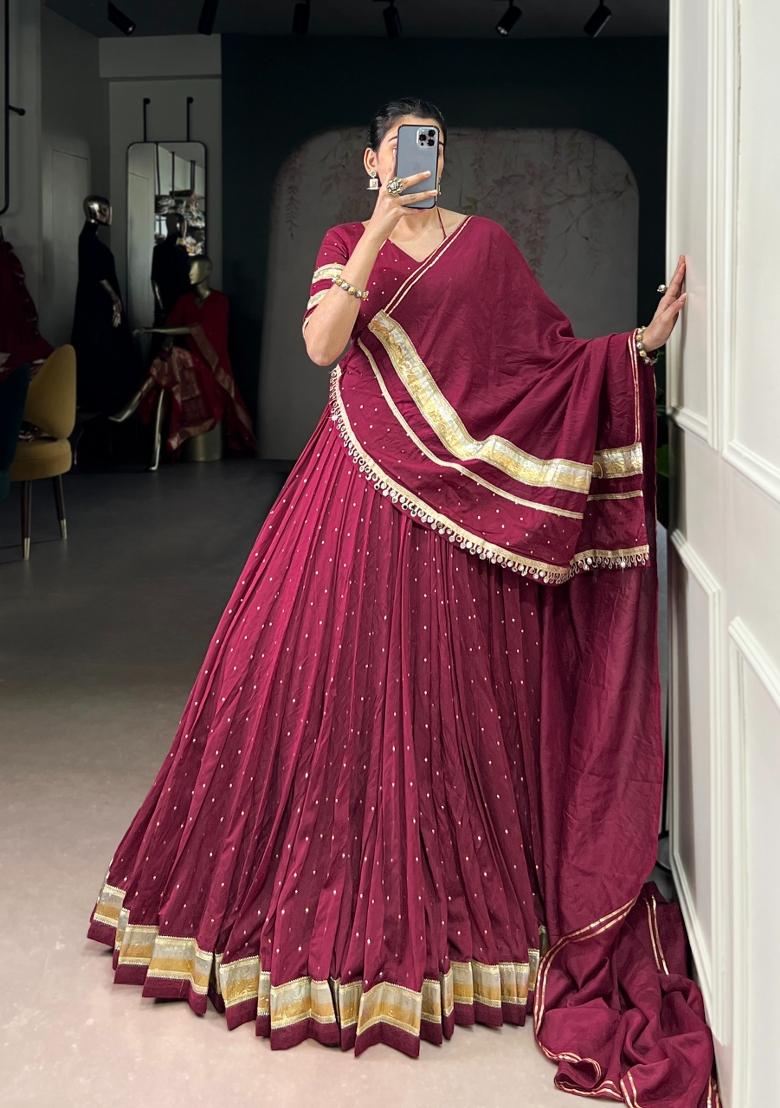 Wine Zari Work Chanderi Lehenga Set - Indya