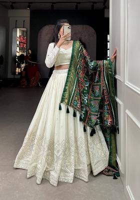 White Mirror Work Georgette Lehenga Set