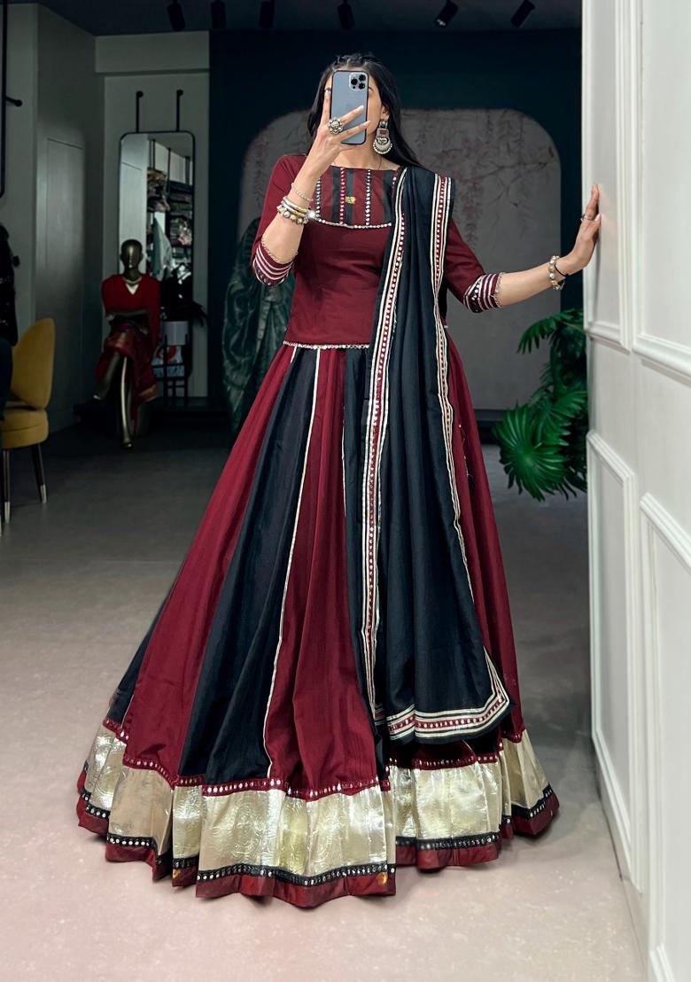 Maroon Lace Work Chinon Lehenga Set - Indya