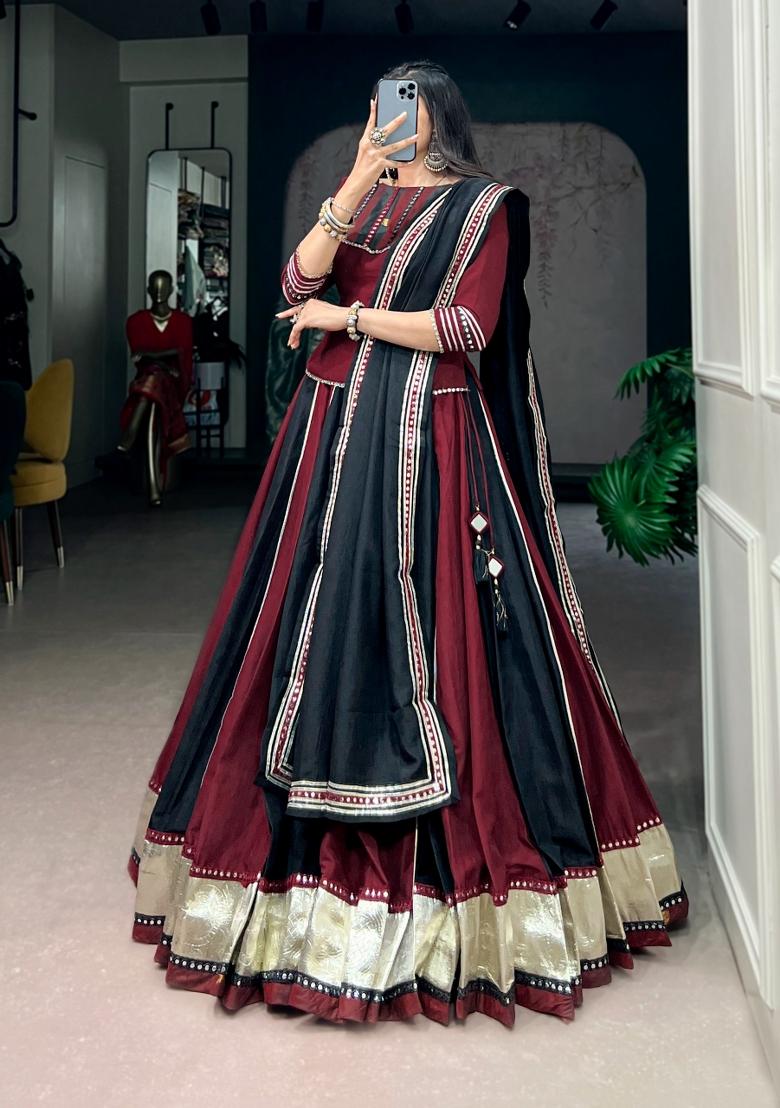 Maroon Lace Work Chinon Lehenga Set - Indya