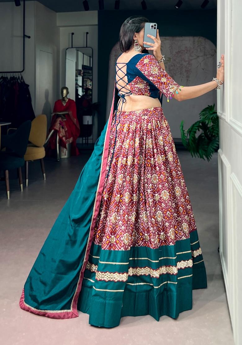 Teal Printed Silk Lehenga Set - Indya