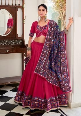 Pink Printed Silk Lehenga Set