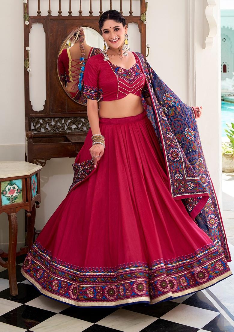 Pink Printed Silk Lehenga Set - Indya