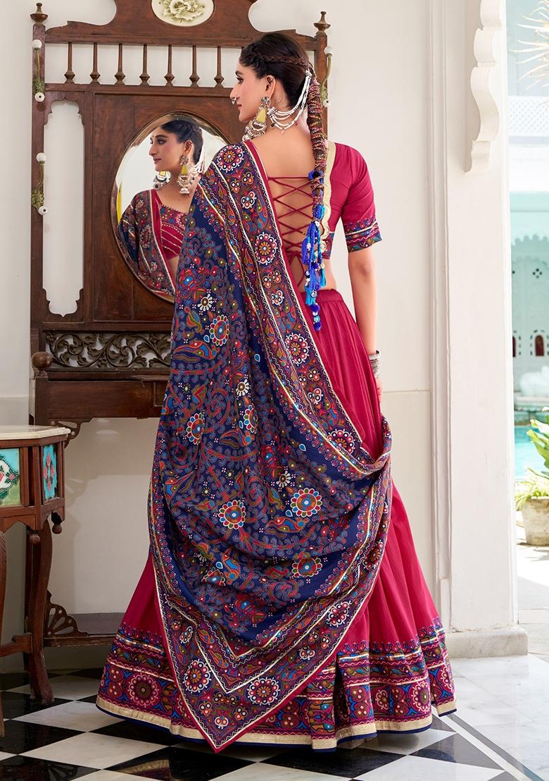 Pink Printed Silk Lehenga Set - Indya