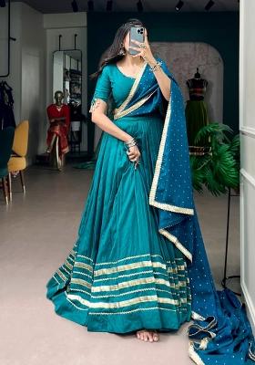 Blue Zari Work Chanderi Lehenga Set