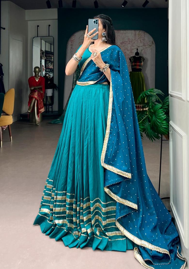 Blue Zari Work Chanderi Lehenga Set - Indya