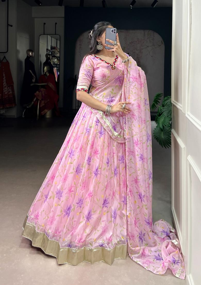 Pink Floral Print Silk Lehenga Set - Indya